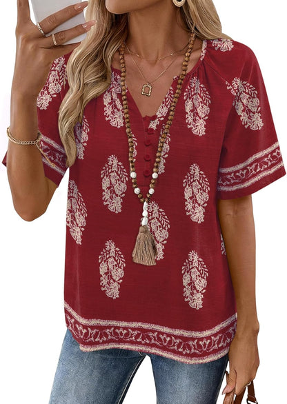 Rapbin Womens Summer Boho Tops Casual Short Sleeve Blouses Button Down Shirts 2026 Beach Vacation Clothes