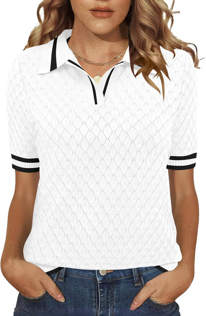 Rapbin Womens Short Sleeve Knit Polo Shirt Summer Spring Lightweight Sweater Top Business Casual