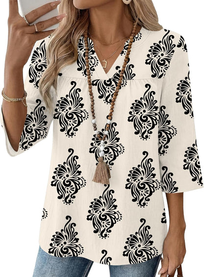 Rapbin Womens 3/4 Sleeve V Neck Boho Pleated Blouses for Women Dressy Casual Loose Fit Tops