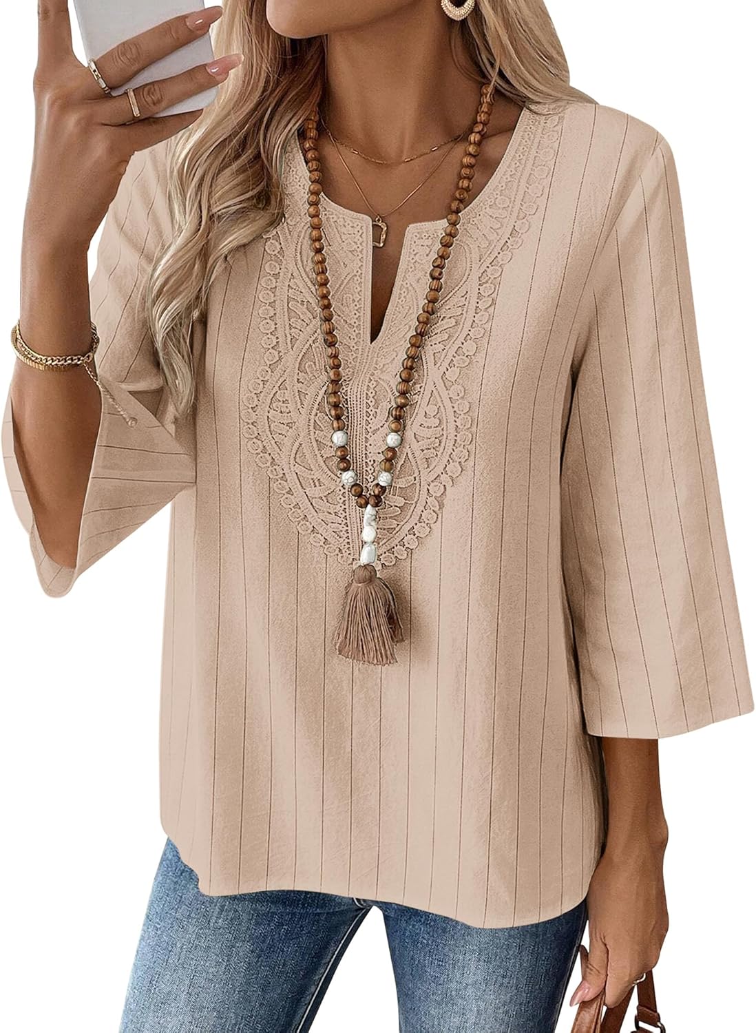 LOMON Womens 3/4 Sleeve Tops Cotton Linen Shirts V Neck Lace Casual Loose Fit Blouses Boho Fashion