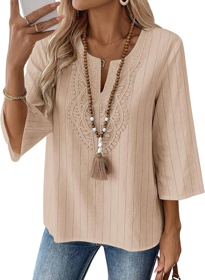 LOMON Womens 3/4 Sleeve Tops Cotton Linen Shirts V Neck Lace Casual Loose Fit Blouses Boho Fashion