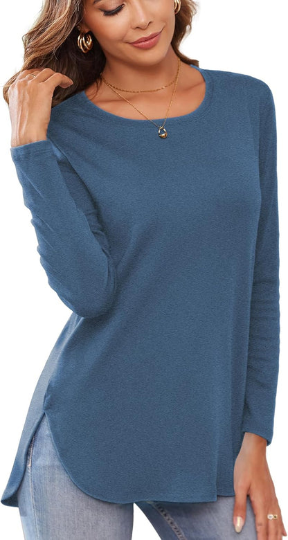 Herou Women's Casual Long/Short Sleeve T Shirt Crewneck with Side Split Fall Pullover Loose Tunic Sweater Tops