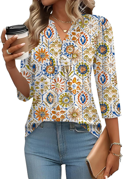 IECCP 3/4 Length Sleeve Womens Tops Dressy Casual Henley V-Neck Summer Tops Pleated T-Shirts Loose Fit Work Blouses