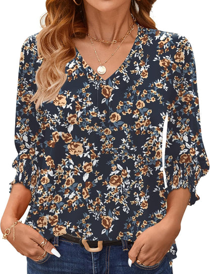 AKEWEI 3/4 Length Sleeve Womens Tops Summer Fashion V Neck Business Casual Blouses Smocked Shirts