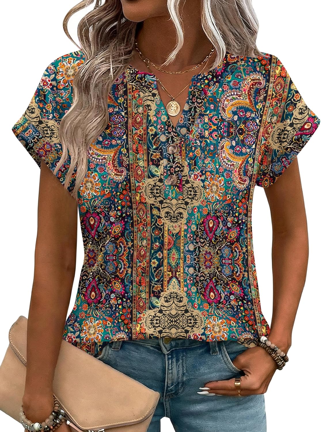 Zeagoo Women Tops Summer Short Sleeve T Shirts V Neck Dressy Casual Work Blouses Fashion Boho Clothes S-3XL