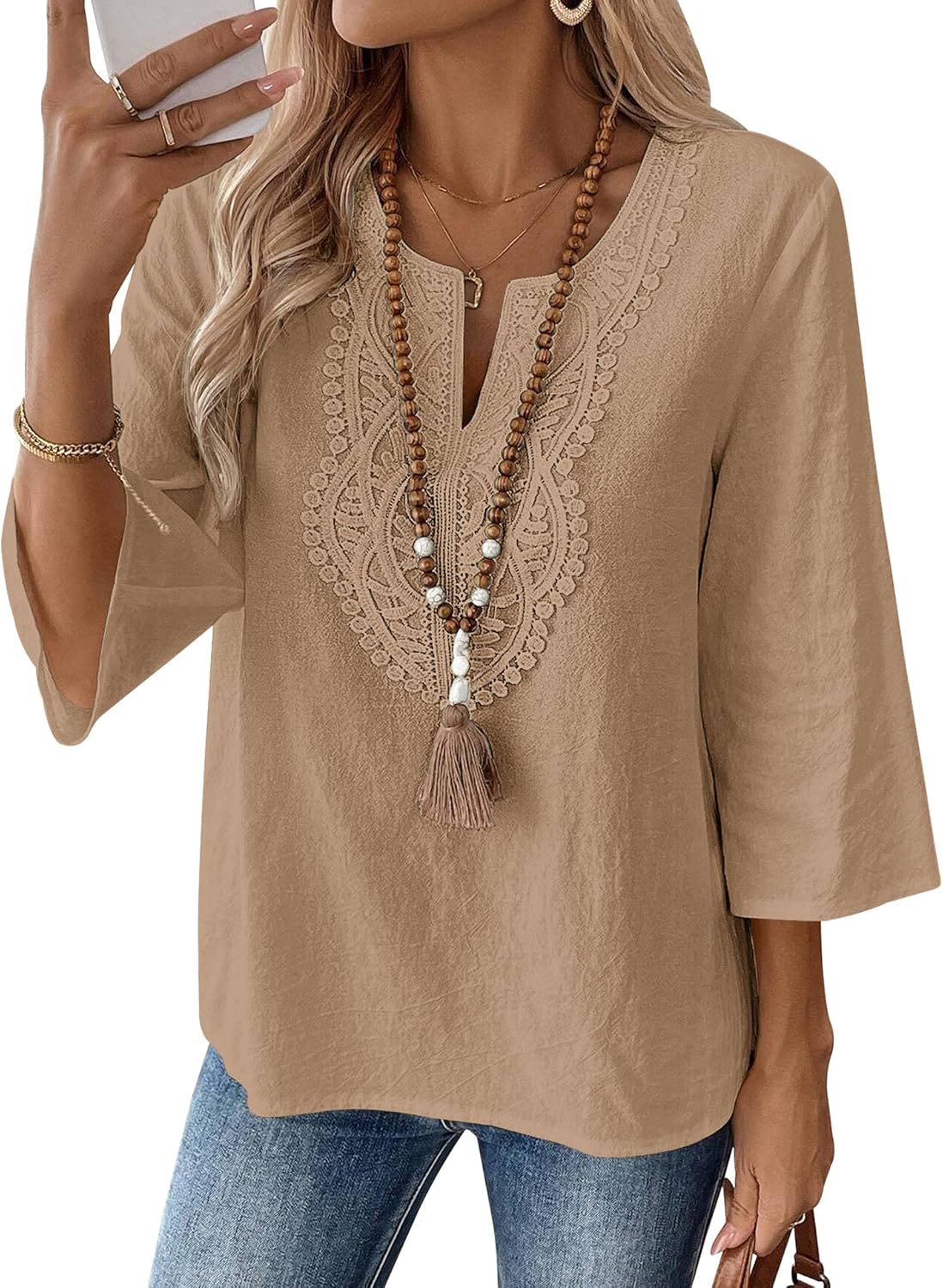 LOMON Womens 3/4 Sleeve Tops Cotton Linen Shirts V Neck Lace Casual Loose Fit Blouses Boho Fashion