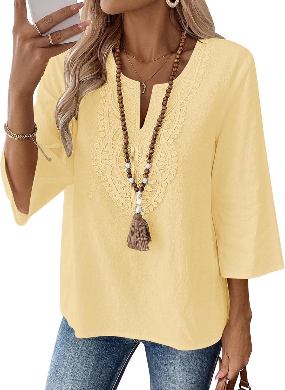 LOMON Womens 3/4 Sleeve Tops Cotton Linen Shirts V Neck Lace Casual Loose Fit Blouses Boho Fashion