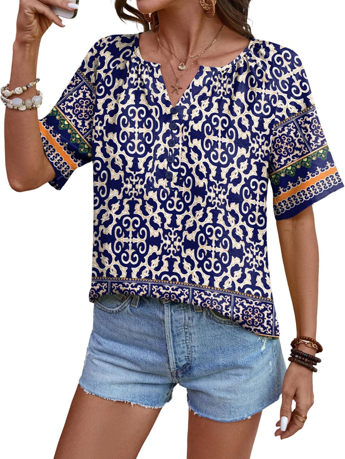Rapbin Womens Summer Boho Tops Casual Short Sleeve Blouses Button Down Shirts 2026 Beach Vacation Clothes