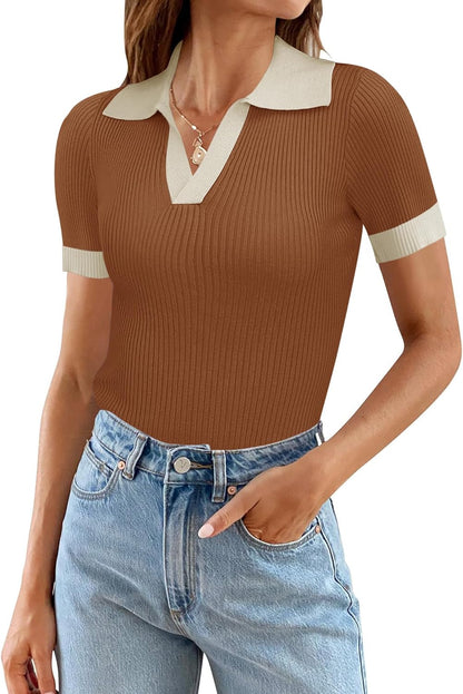 Ivicoer Womens V Neck Sweaters Dressy Casual Short Sleeve Sweater Slim Fit Lightweight Knit Tops