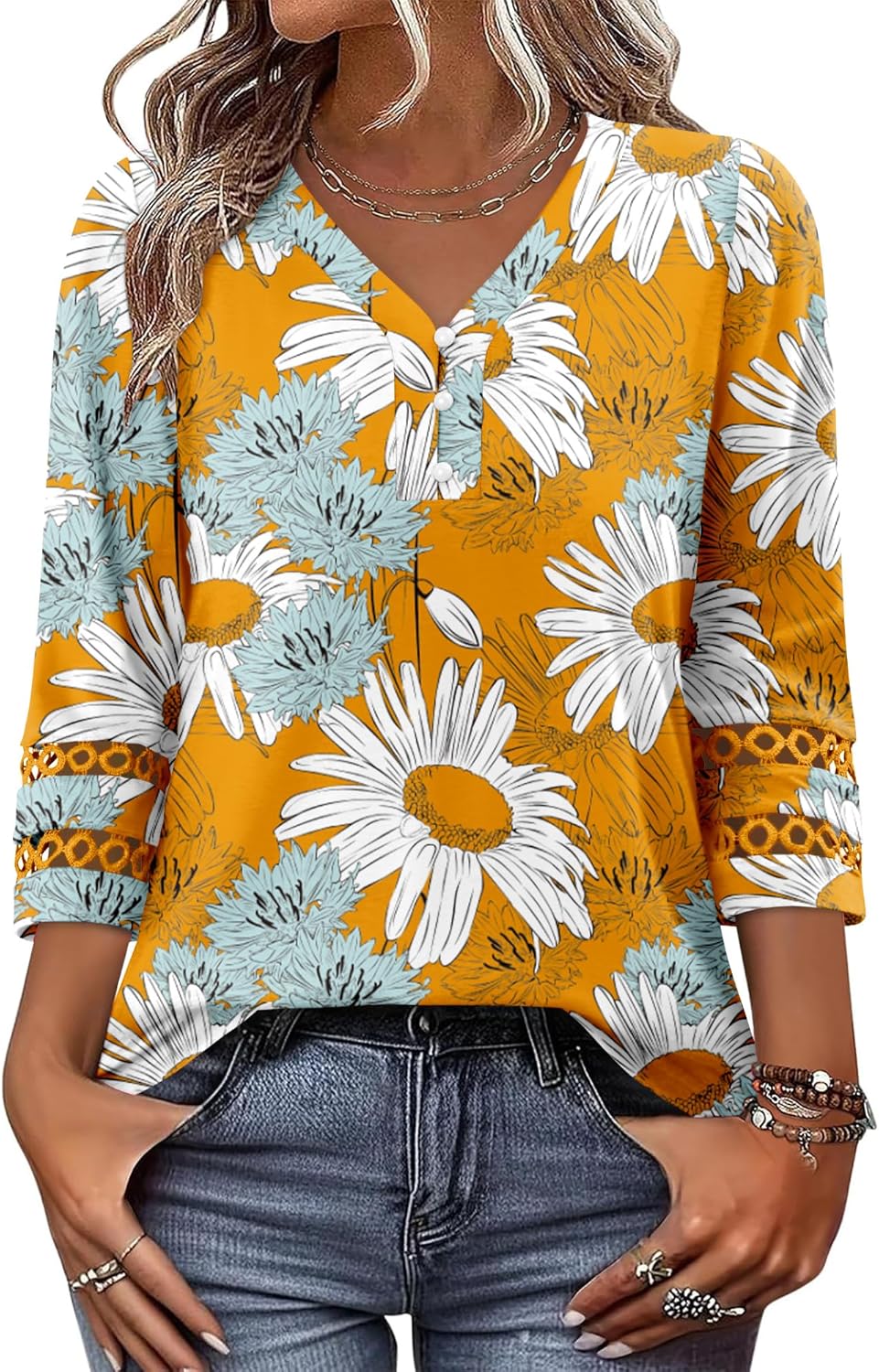 CRAZY GRID Womens 3/4 Sleeve Womens Tops V-Neck Lace Shirt Button Down Business Casual Blouses Fall Trendy Outfits 2026 S-XXL