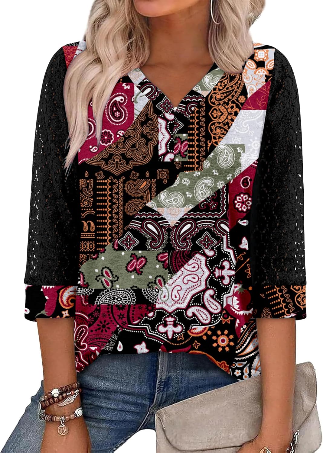 CRAZY GRID Womens 3/4 Sleeve Womens Tops V-Neck Lace Shirt Button Down Business Casual Blouses Fall Trendy Outfits 2026 S-XXL