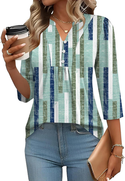 IECCP 3/4 Length Sleeve Womens Tops Dressy Casual Henley V-Neck Summer Tops Pleated T-Shirts Loose Fit Work Blouses