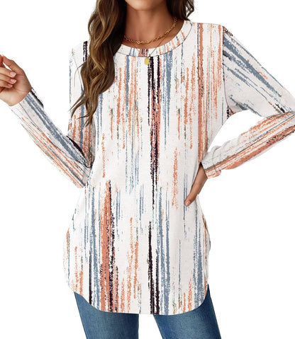 NORACORA Women Long Sleeve Shirts Loose Tunic Crew Neck Lightweight Side Split Casual 2026 Spring Trendy Basic Tshirts Blouse
