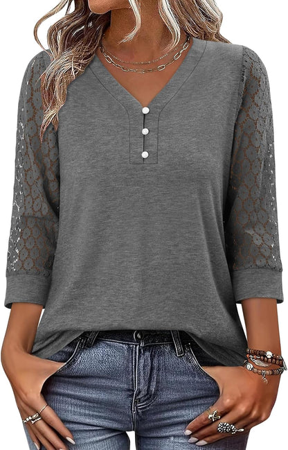 CRAZY GRID Womens 3/4 Sleeve Womens Tops V-Neck Lace Shirt Button Down Business Casual Blouses Fall Trendy Outfits 2026 S-XXL