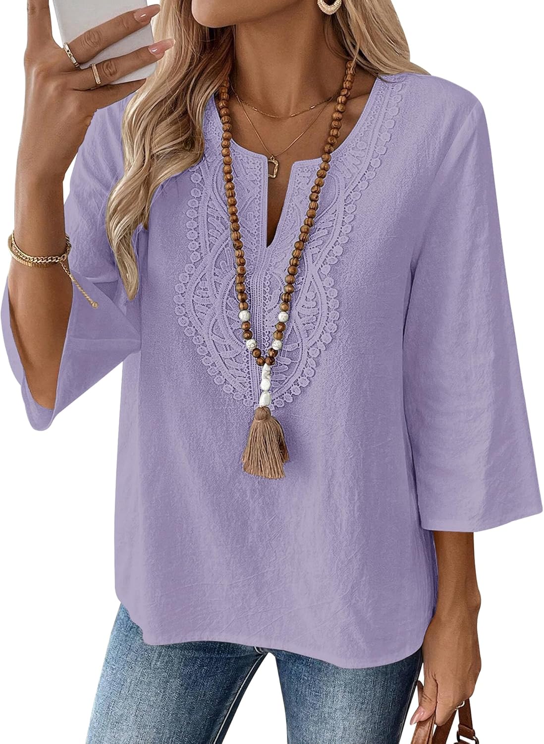 LOMON Womens 3/4 Sleeve Tops Cotton Linen Shirts V Neck Lace Casual Loose Fit Blouses Boho Fashion