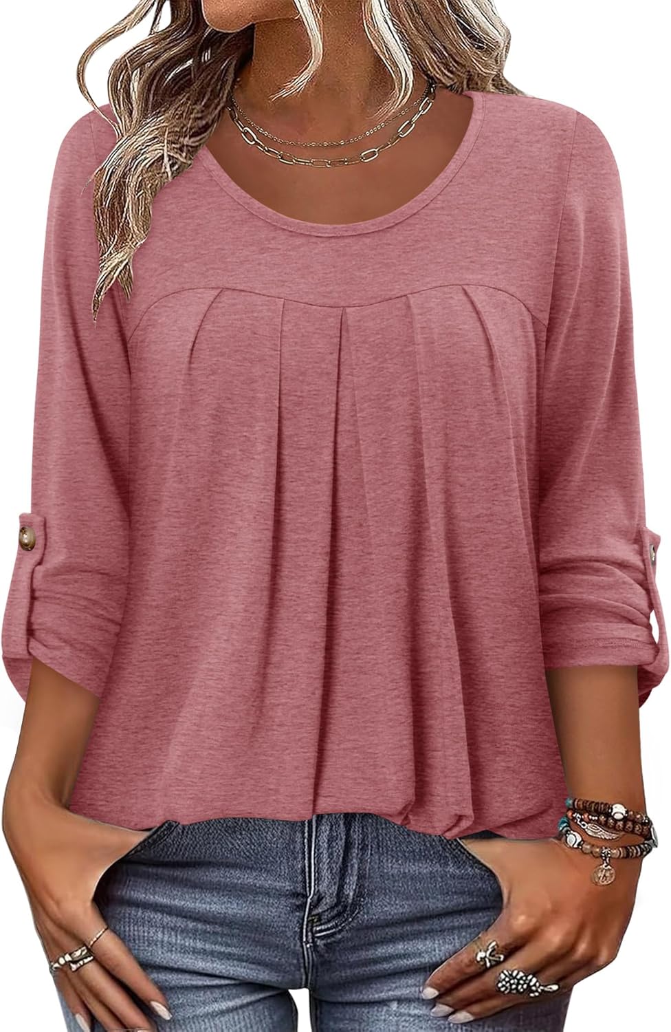 CRAZY GRID 3/4 Length Sleeve Women Tops Crewneck Pleated Cute Blouses Dressy Casual Summer T Shirts Loose Fit