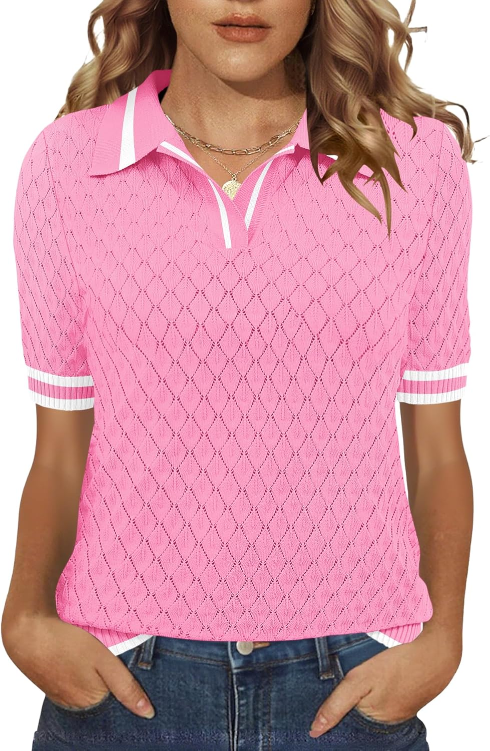 Rapbin Womens Short Sleeve Knit Polo Shirt Summer Spring Lightweight Sweater Top Business Casual