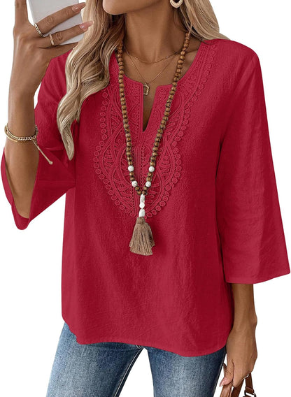 LOMON Womens 3/4 Sleeve Tops Cotton Linen Shirts V Neck Lace Casual Loose Fit Blouses Boho Fashion