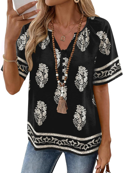 Rapbin Womens Summer Boho Tops Casual Short Sleeve Blouses Button Down Shirts 2026 Beach Vacation Clothes