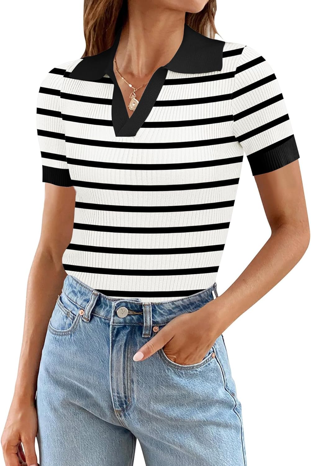 Ivicoer Womens V Neck Sweaters Dressy Casual Short Sleeve Sweater Slim Fit Lightweight Knit Tops