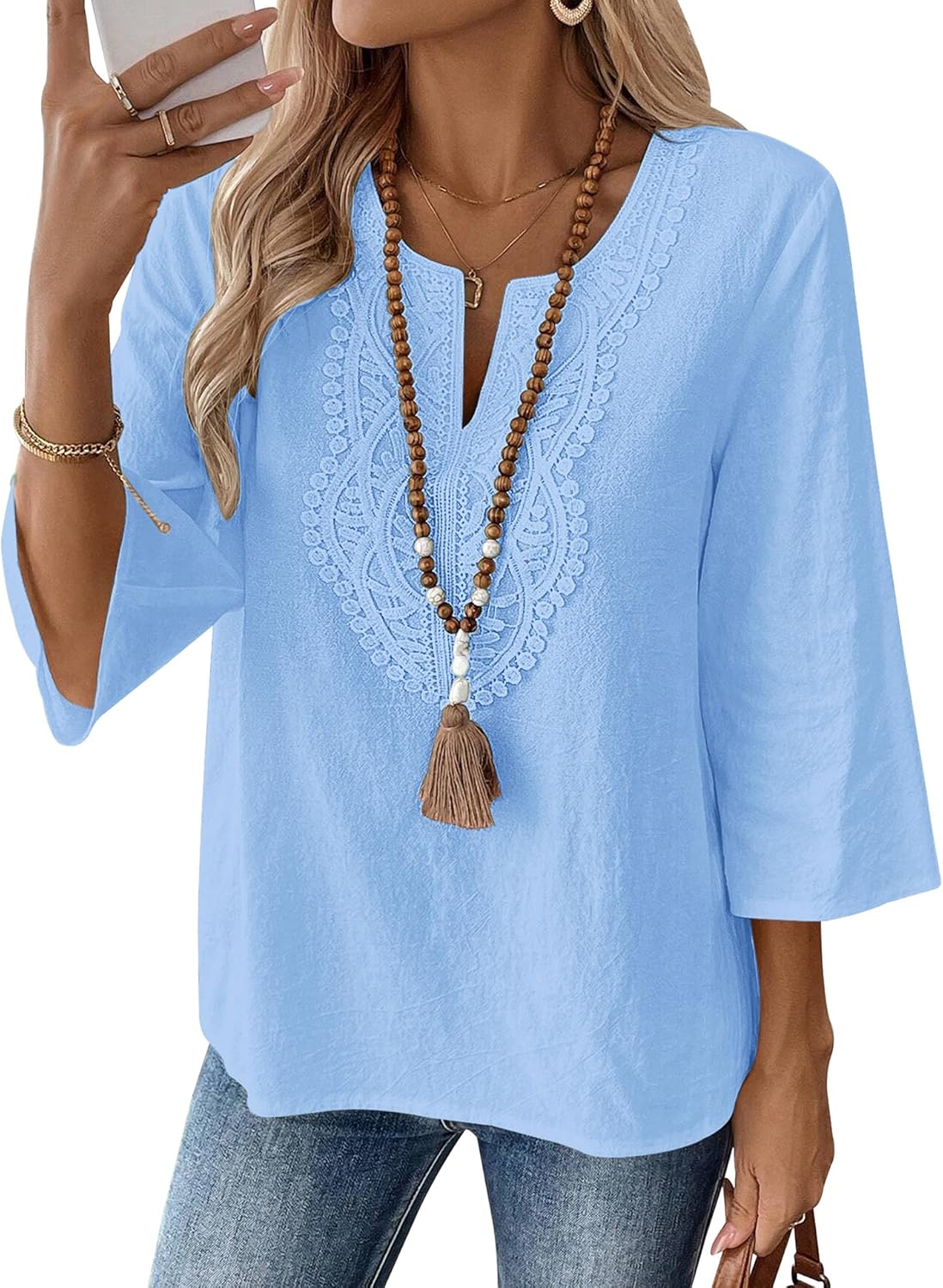 LOMON Womens 3/4 Sleeve Tops Cotton Linen Shirts V Neck Lace Casual Loose Fit Blouses Boho Fashion