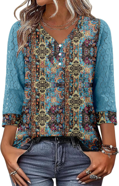 CRAZY GRID Womens 3/4 Sleeve Womens Tops V-Neck Lace Shirt Button Down Business Casual Blouses Fall Trendy Outfits 2026 S-XXL
