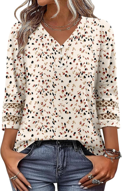 CRAZY GRID Womens 3/4 Sleeve Womens Tops V-Neck Lace Shirt Button Down Business Casual Blouses Fall Trendy Outfits 2026 S-XXL