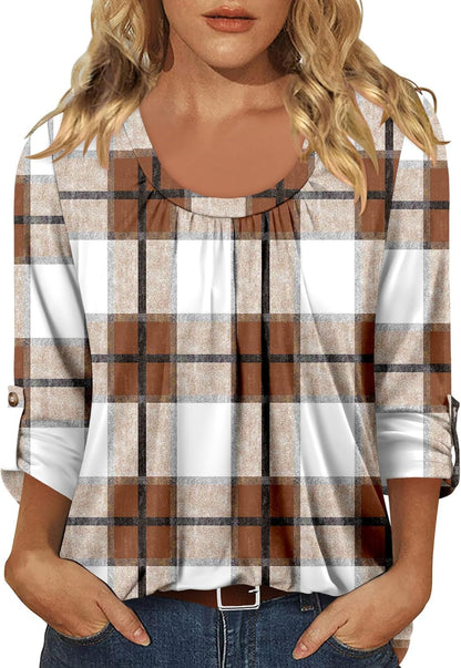 CRAZY GRID 3/4 Length Sleeve Women Tops Crewneck Pleated Cute Blouses Dressy Casual Summer T Shirts Loose Fit