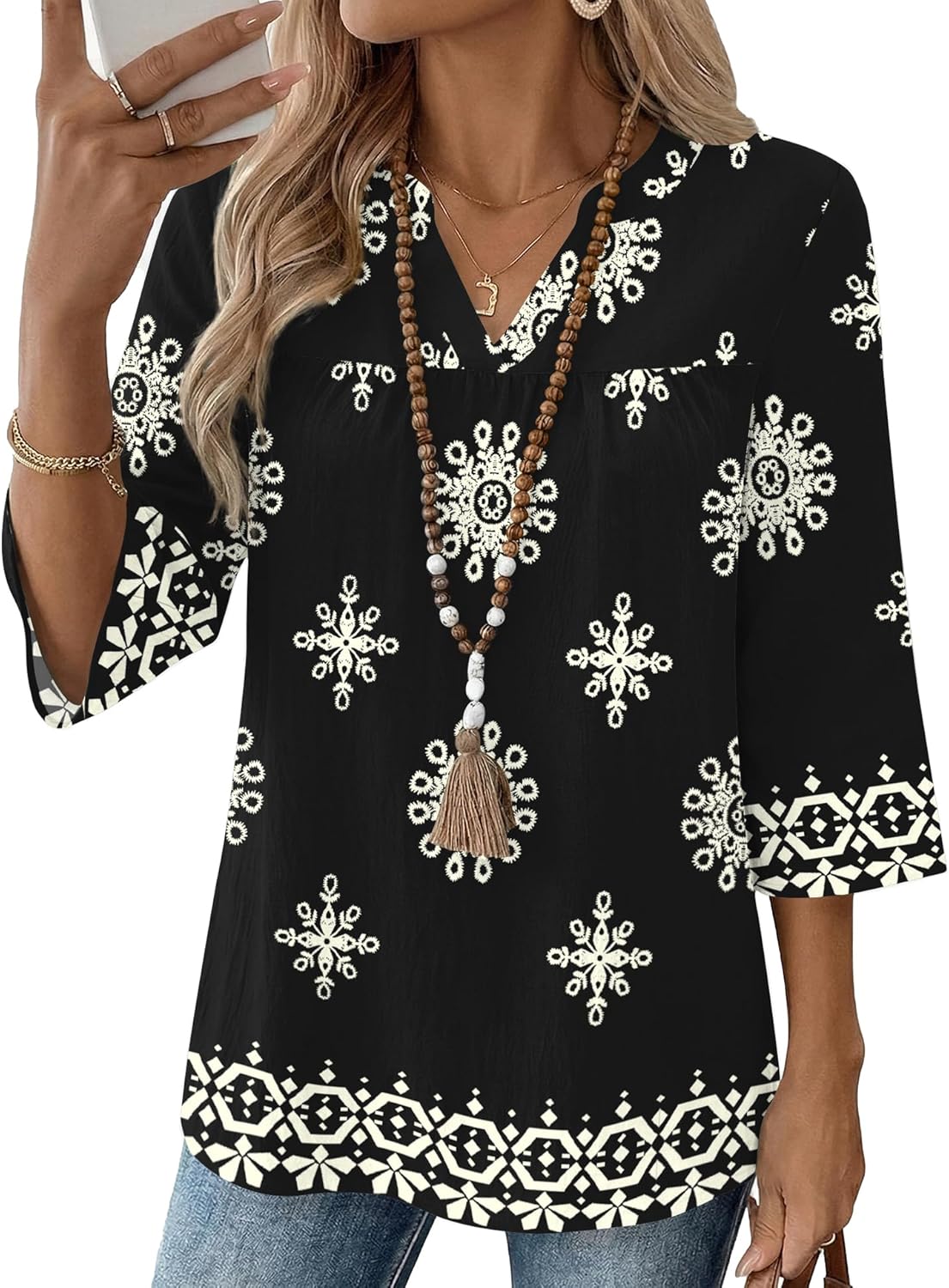 Rapbin Womens 3/4 Sleeve V Neck Boho Pleated Blouses for Women Dressy Casual Loose Fit Tops