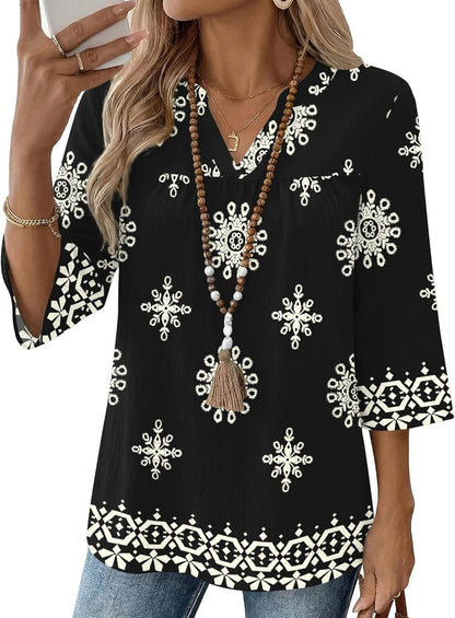 Rapbin Womens 3/4 Sleeve V Neck Boho Pleated Blouses for Women Dressy Casual Loose Fit Tops