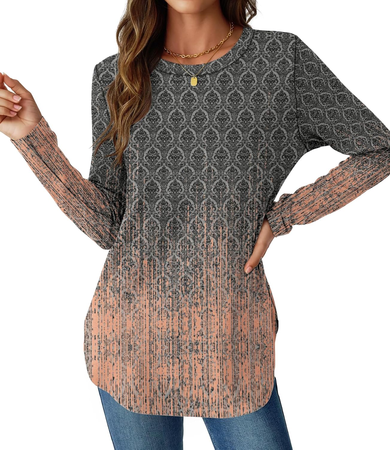 NORACORA Women Long Sleeve Shirts Loose Tunic Crew Neck Lightweight Side Split Casual 2026 Spring Trendy Basic Tshirts Blouse