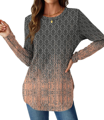 NORACORA Women Long Sleeve Shirts Loose Tunic Crew Neck Lightweight Side Split Casual 2026 Spring Trendy Basic Tshirts Blouse