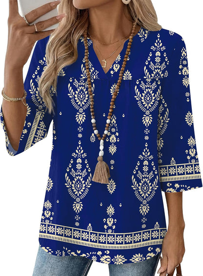 Rapbin Womens 3/4 Sleeve V Neck Boho Pleated Blouses for Women Dressy Casual Loose Fit Tops