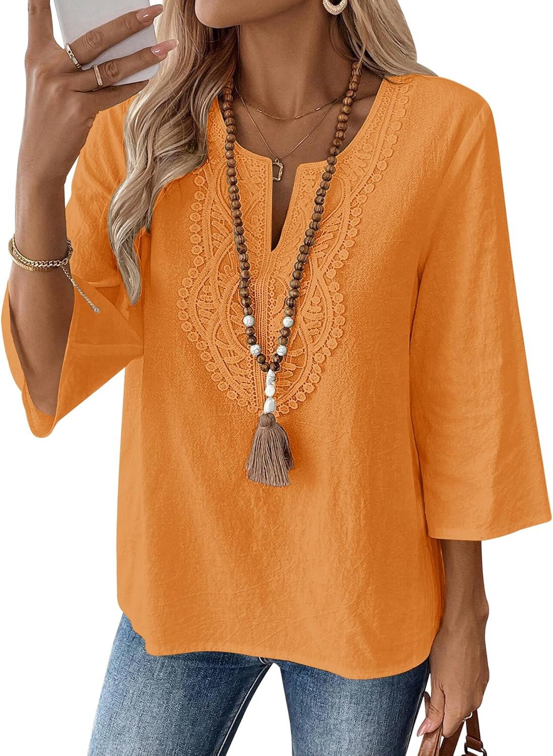 LOMON Womens 3/4 Sleeve Tops Cotton Linen Shirts V Neck Lace Casual Loose Fit Blouses Boho Fashion