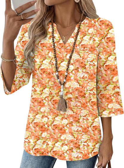 Rapbin Womens 3/4 Sleeve V Neck Boho Pleated Blouses for Women Dressy Casual Loose Fit Tops