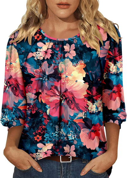 CRAZY GRID 3/4 Length Sleeve Women Tops Crewneck Pleated Cute Blouses Dressy Casual Summer T Shirts Loose Fit
