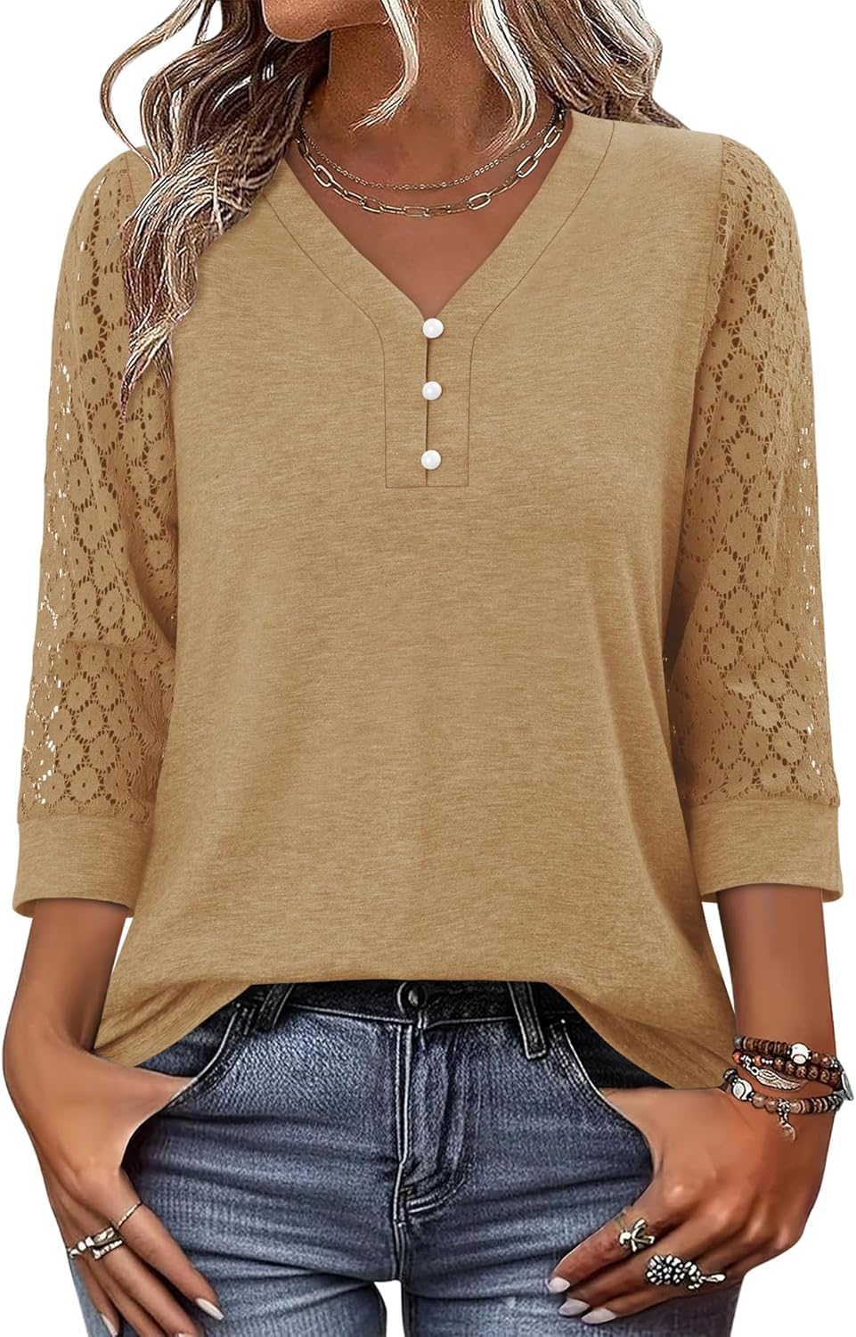 CRAZY GRID Womens 3/4 Sleeve Womens Tops V-Neck Lace Shirt Button Down Business Casual Blouses Fall Trendy Outfits 2026 S-XXL