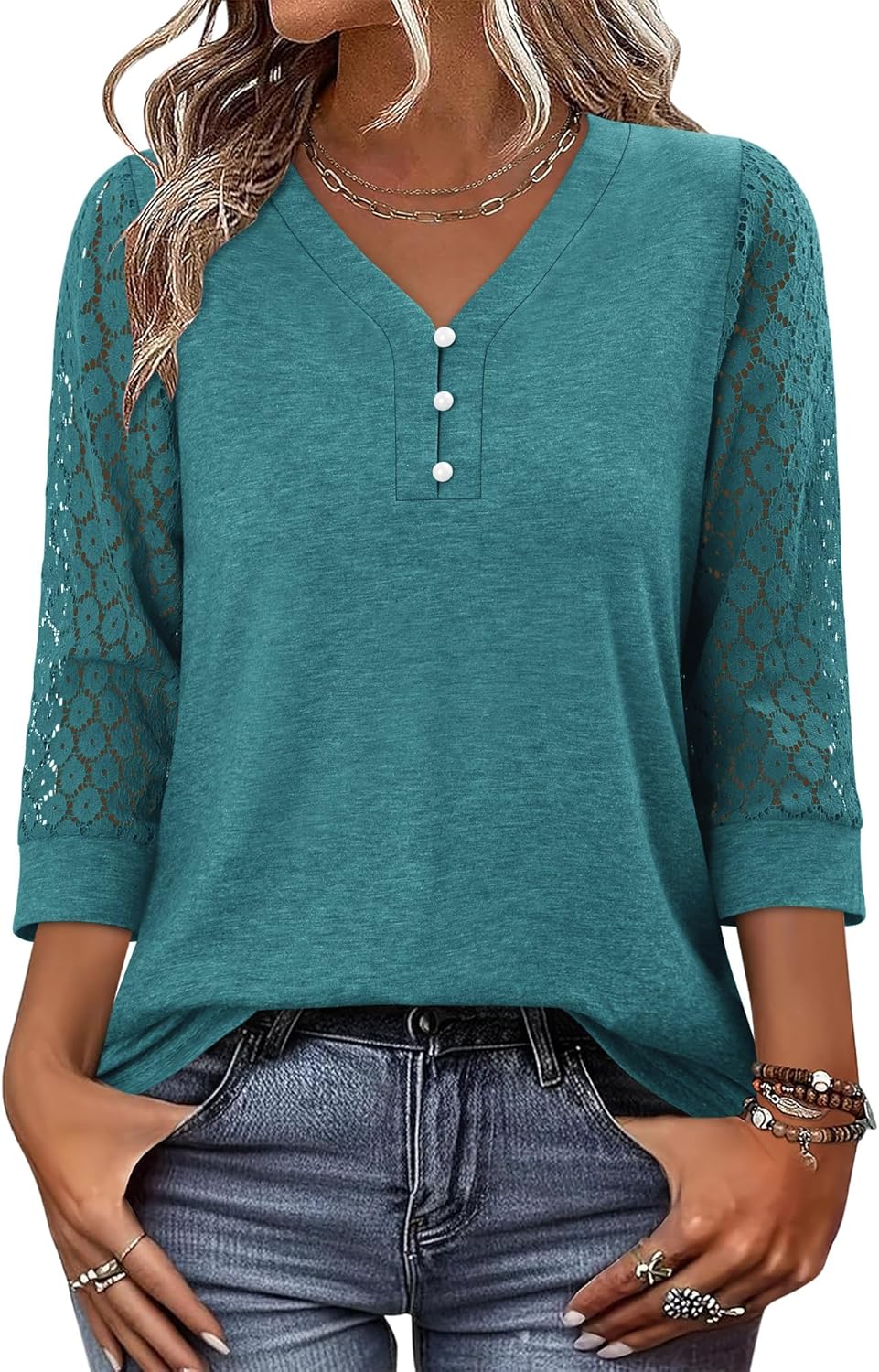 CRAZY GRID Womens 3/4 Sleeve Womens Tops V-Neck Lace Shirt Button Down Business Casual Blouses Fall Trendy Outfits 2026 S-XXL