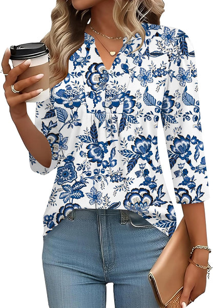 IECCP 3/4 Length Sleeve Womens Tops Dressy Casual Henley V-Neck Summer Tops Pleated T-Shirts Loose Fit Work Blouses