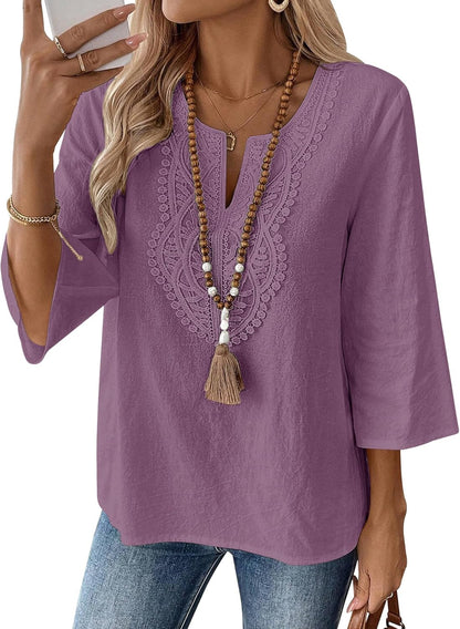 LOMON Womens 3/4 Sleeve Tops Cotton Linen Shirts V Neck Lace Casual Loose Fit Blouses Boho Fashion