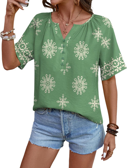 Rapbin Womens Summer Boho Tops Casual Short Sleeve Blouses Button Down Shirts 2026 Beach Vacation Clothes