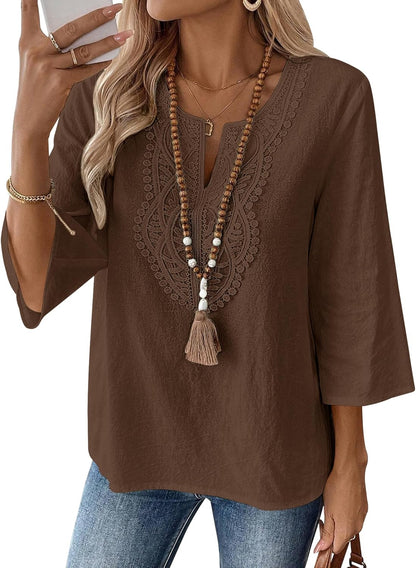 LOMON Womens 3/4 Sleeve Tops Cotton Linen Shirts V Neck Lace Casual Loose Fit Blouses Boho Fashion