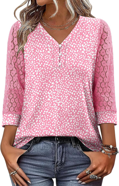 CRAZY GRID Womens 3/4 Sleeve Womens Tops V-Neck Lace Shirt Button Down Business Casual Blouses Fall Trendy Outfits 2026 S-XXL