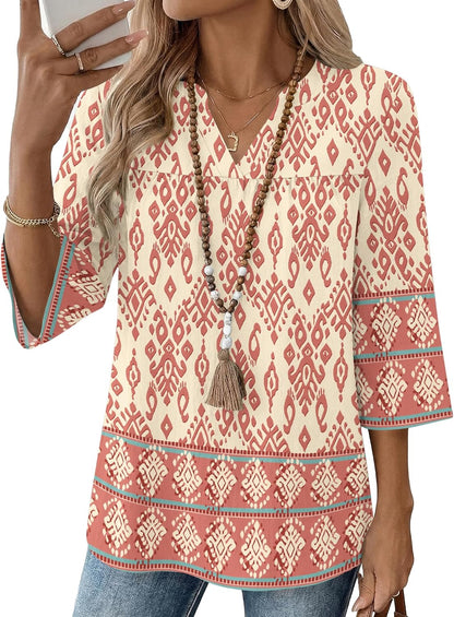 Rapbin Womens 3/4 Sleeve V Neck Boho Pleated Blouses for Women Dressy Casual Loose Fit Tops