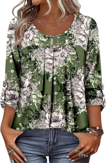 CRAZY GRID 3/4 Length Sleeve Women Tops Crewneck Pleated Cute Blouses Dressy Casual Summer T Shirts Loose Fit