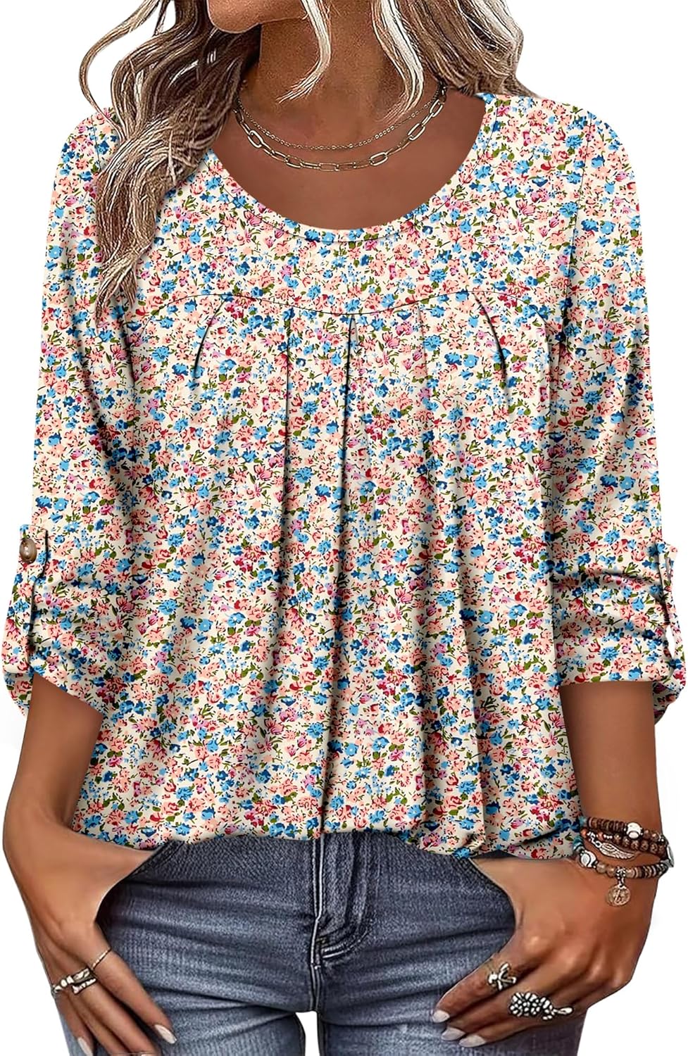 CRAZY GRID 3/4 Length Sleeve Women Tops Crewneck Pleated Cute Blouses Dressy Casual Summer T Shirts Loose Fit