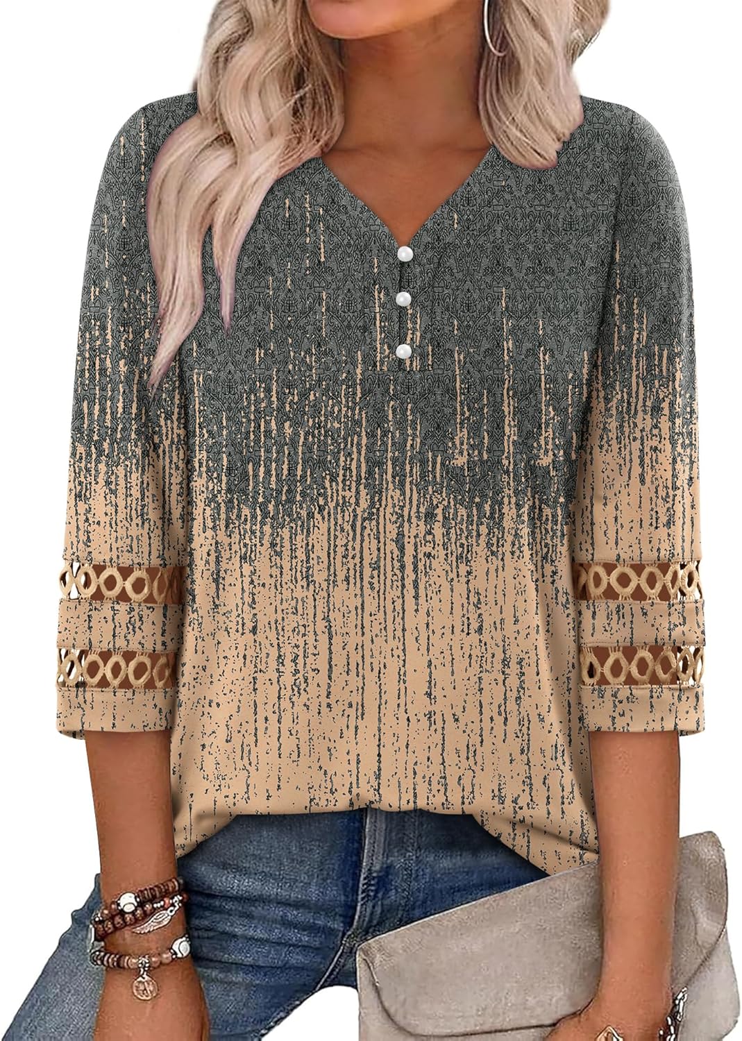 CRAZY GRID Womens 3/4 Sleeve Womens Tops V-Neck Lace Shirt Button Down Business Casual Blouses Fall Trendy Outfits 2026 S-XXL