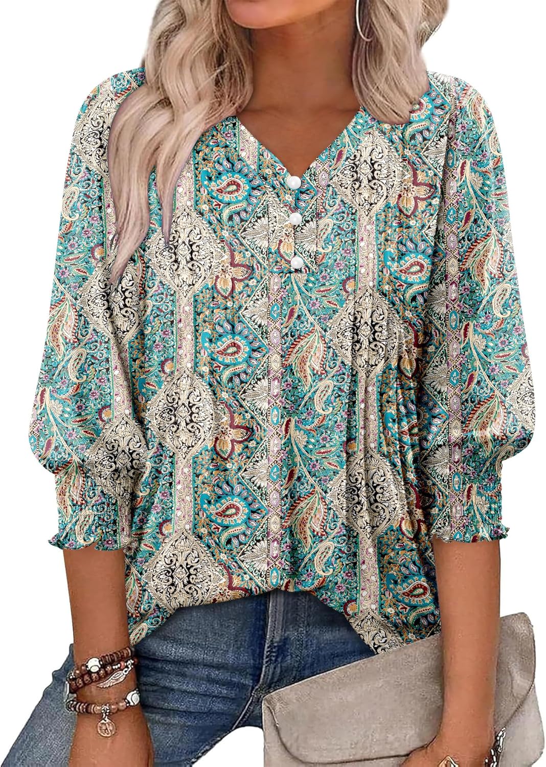 CRAZY GRID Womens 3/4 Sleeve Womens Tops V-Neck Lace Shirt Button Down Business Casual Blouses Fall Trendy Outfits 2026 S-XXL