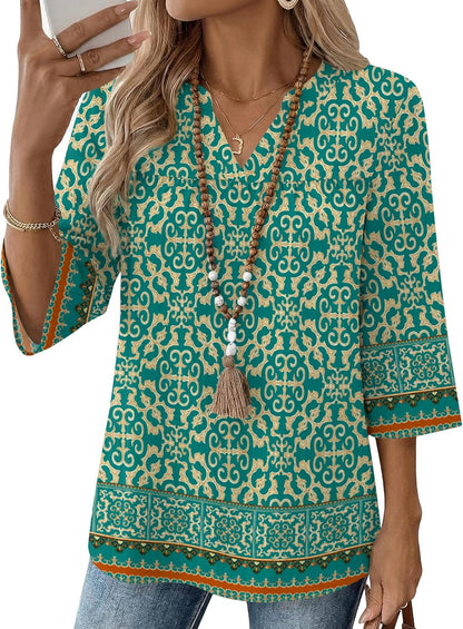 Rapbin Womens 3/4 Sleeve V Neck Boho Pleated Blouses for Women Dressy Casual Loose Fit Tops