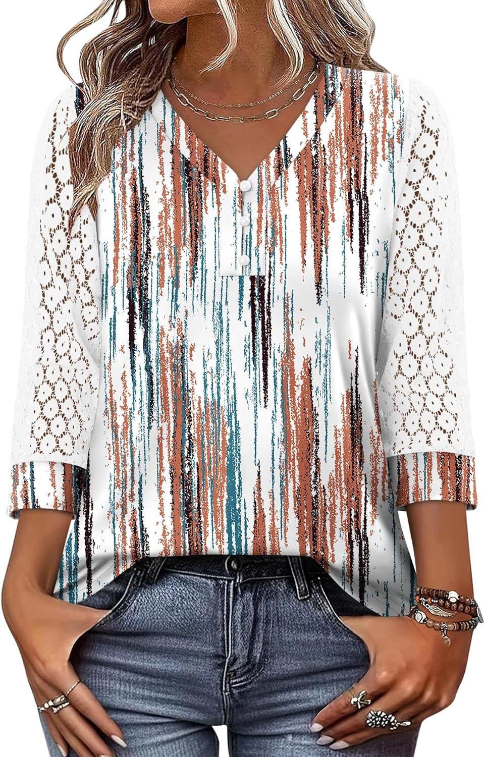 CRAZY GRID Womens 3/4 Sleeve Womens Tops V-Neck Lace Shirt Button Down Business Casual Blouses Fall Trendy Outfits 2026 S-XXL